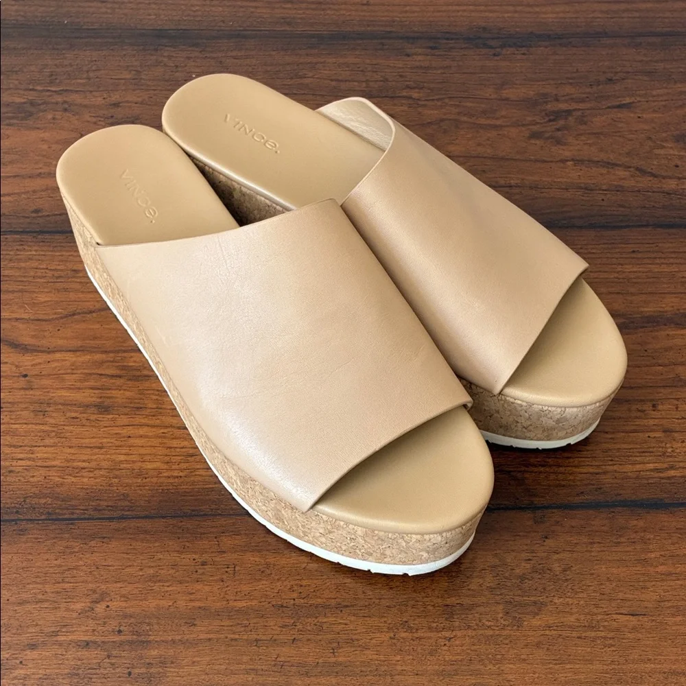 VINCE Women US 10M Cappuccino James-B Leather Platform Sandals‎ Slides